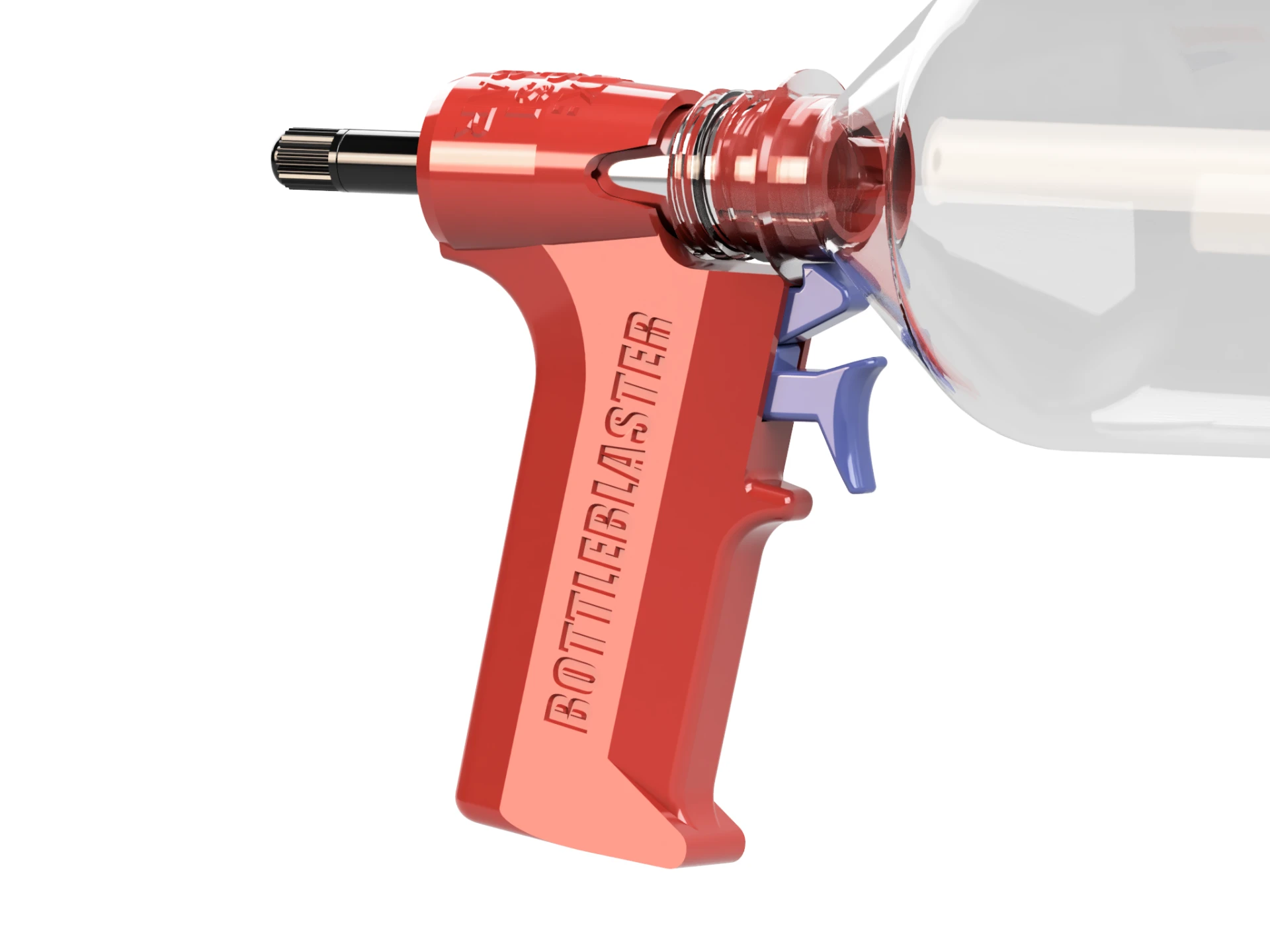 Närbild av Bottleblaster-avfyraren i rött med blå avtryckare